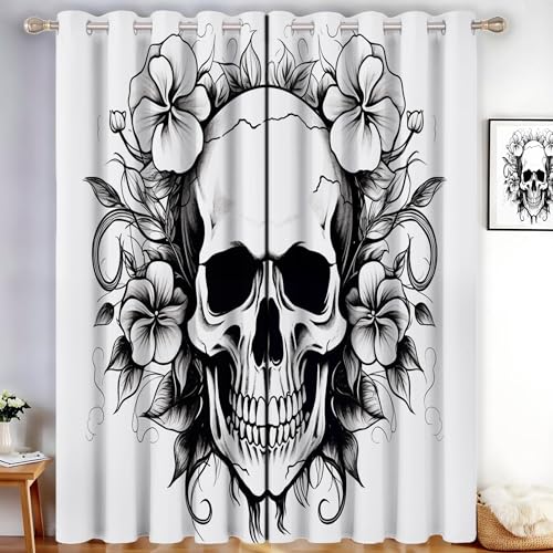 CDXNORA Furcht Verdunkelungsvorhänge - Blumenschädel Gardinen Deko Ösenvorhang Dekoschal Dekogardinen für Schlafzimmer Wohnzimmer H280 x B140 cm (2er Pack),Weiß von CDXNORA