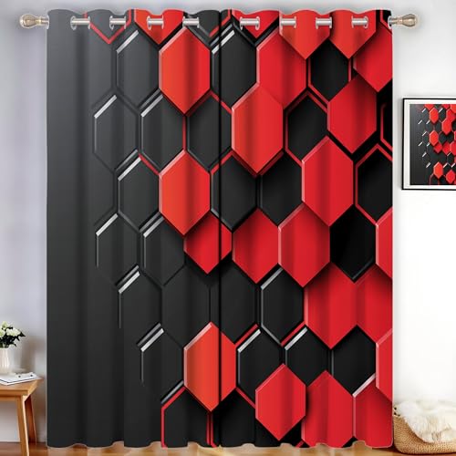 CDXNORA Geometrie Verdunkelungsvorhänge - Rotes Und Schwarzes Sechseck Gardinen Deko Ösenvorhang Dekoschal Dekogardinen für Schlafzimmer Wohnzimmer H200 x B140 cm (2er Pack), von CDXNORA