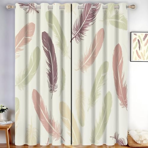 CDXNORA Handgezeichnet Verdunkelungsvorhänge - Rosa Und Grüne Federn Gardinen Deko Ösenvorhang Dekoschal Dekogardinen für Schlafzimmer Wohnzimmer H245 x B140 cm (2er Pack),Hellgrün von CDXNORA