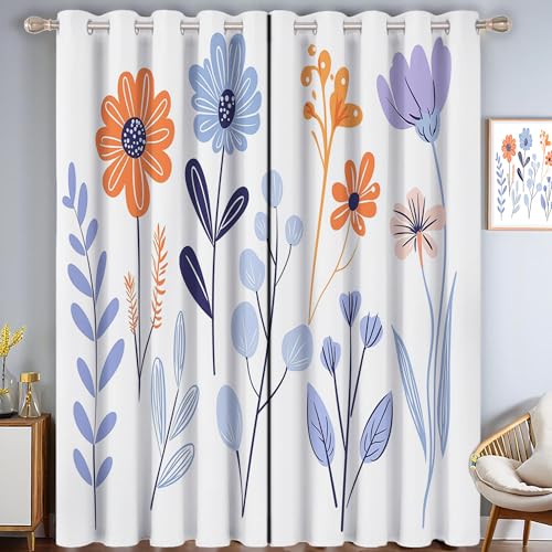 CDXNORA Niedliche Graffiti Verdunkelungsvorhänge mit Ösen für Schlafzimmer H200 x B140 cm (2er Pack) Weiß Wohnzimmer Blickdicht Thermo Hitzeschutz Vorhänge,Blumen Und Gras von CDXNORA