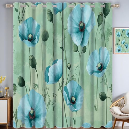 CDXNORA Ölgemälde Blumen Verdunkelungsvorhänge mit Ösen für Schlafzimmer H200 x B140 cm (2er Pack) Wohnzimmer Blickdicht Thermo Hitzeschutz Vorhänge,Türkisfarbene Mohnblumen von CDXNORA