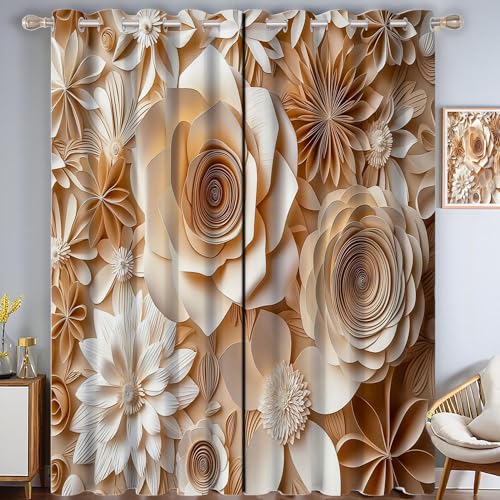 CDXNORA Reliefblumen Verdunkelungsvorhänge mit Ösen für Schlafzimmer H200 x B140 cm (2er Pack) Wohnzimmer Blickdicht Thermo Hitzeschutz Vorhänge,Cremefarbene Papierblumen von CDXNORA