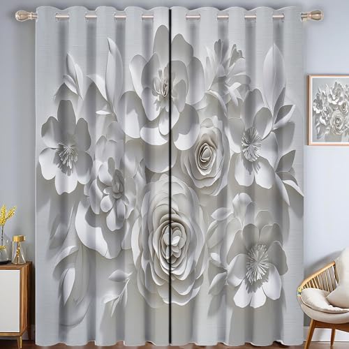 CDXNORA Reliefstil Verdunkelungsvorhänge mit Ösen für Schlafzimmer H245 x B140 cm (2er Pack) Wohnzimmer Blickdicht Thermo Hitzeschutz Vorhänge,Weiße Papierblumen von CDXNORA