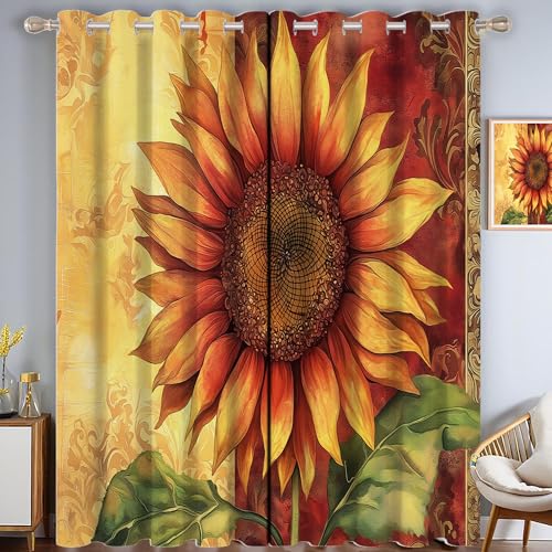 CDXNORA Retro-Blumen Verdunkelungsvorhänge mit Ösen für Schlafzimmer H280 x B140 cm (2er Pack) Wohnzimmer Blickdicht Thermo Hitzeschutz Vorhänge,Gelbe Sonnenblume von CDXNORA