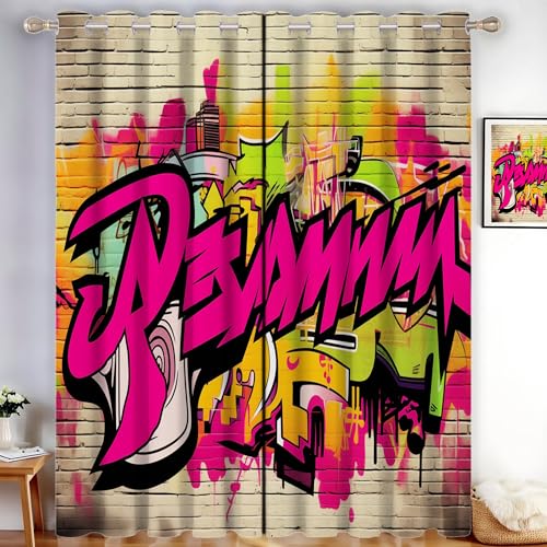 CDXNORA Straßenkunst Verdunkelungsvorhänge - Graffiti Einer Städtischen Backsteinmauer Gardinen Deko Ösenvorhang Dekoschal Dekogardinen für Schlafzimmer Wohnzimmer H245 x B140 cm (2er Pack),Hellgelb von CDXNORA