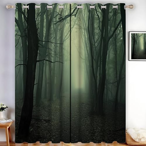 CDXNORA Verzerrter Wald Verdunkelungsvorhänge - Neblige Bäume Gardinen Deko Ösenvorhang Dekoschal Dekogardinen für Schlafzimmer Wohnzimmer H245 x B140 cm (2er Pack),Grün von CDXNORA