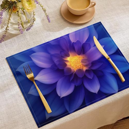 Exotische Blumen Tischsets Abwaschbar 4 Stück Dahlie Baumwolle Leinen Tischsets Platzsets Abwaschbar Blau rutschfest Platzdeckchen Tischuntersetzer für Küche Speisetisch von CDXNORA