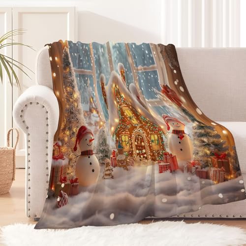 Kuscheldecke Flauschig Decke - Blaues Schneemann-Hausfenster Muster Erwachsene Weich Mikrofase Sofadeck Wohndecke Warme Weihnachtsdecke Fleecedecke Für Sofa Und Bett Schlafzimmer Büro 150X200Cm von CDXNORA