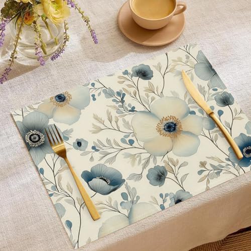 Platzsets Abwaschbar Pflanzen Und Blumen,4er-Set Platzsets, 45 × 30 cm Elfenbein Tischsets Baumwolle aus Leinen,Anemone Tischsets für Esszimmer Küche, Tischdekoration von CDXNORA