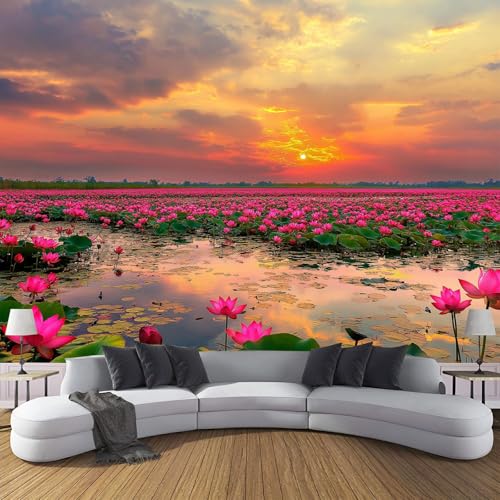 Sonnenuntergangslandschaft Seide Fototapete 3D Effekt 350×256cm - Lotusblume Im Teich FotoTapete Schlafzimmer Wohnzimmer Moderne Orange Seidentapete XXL Wandtapete Motivtapeten 3d Effekt Dekoration von CDXNORA