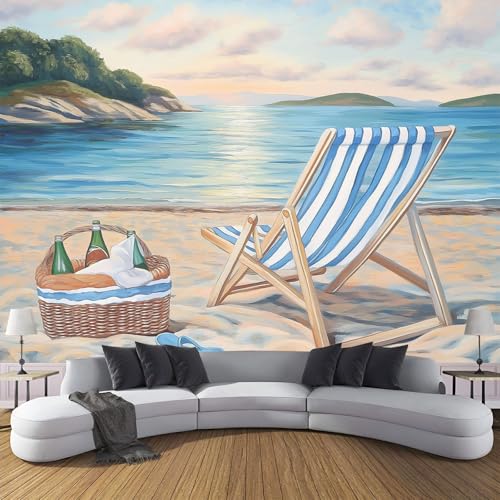 Wandbild Ölgemälde Landschaft Seidentapete Blau Wandbild Tapete Wohnzimmer Wanddeko Loungesessel Mit Strandstreifen Tapete 3D Effekt Tv Die Fototapete Wohnzimmer Schlafzimmer - 350×256cm von CDXNORA