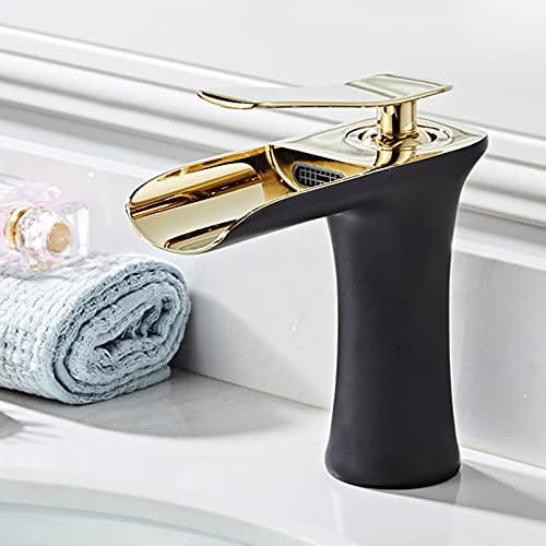 CDZHLTG Wasserfall Wasserhahn Bad Klein Körper 120mm Wasserhahn Waschbecken für Badezimmer, Waschtischarmatur Schwarz/Gold Bad Messing Waschbecken Mischbatterie Waschtisch-Einhebelmischer von CDZHLTG