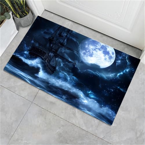 CECE&COLE Badematte Meer Schiff Mond Rutschfester Badezimmerteppich, Absorbierender Badteppich 60×90CM, Schnelltrocknende Badematte,Garnieren Sie die Stimmung von CECE&COLE