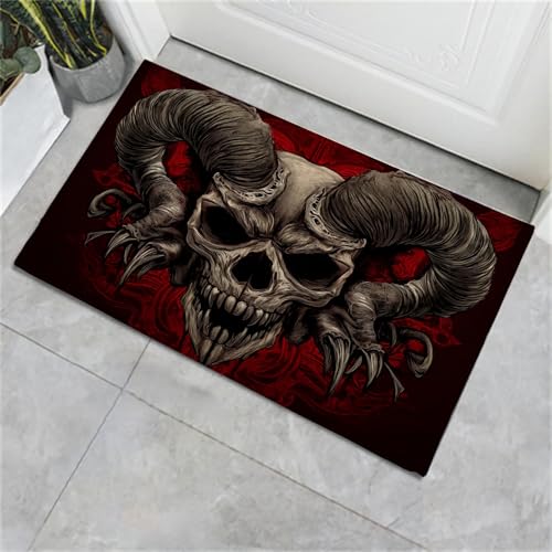 CECE&COLE Badematte rutschfest 40×60CM, Super Absorbierende Badezimmerteppich, Schnelltrocknende Hörner Dämon Totenkopf Badvorleger, Waschbar Duschvorleger für Dusche, Badewannen und Badezimmer von CECE&COLE
