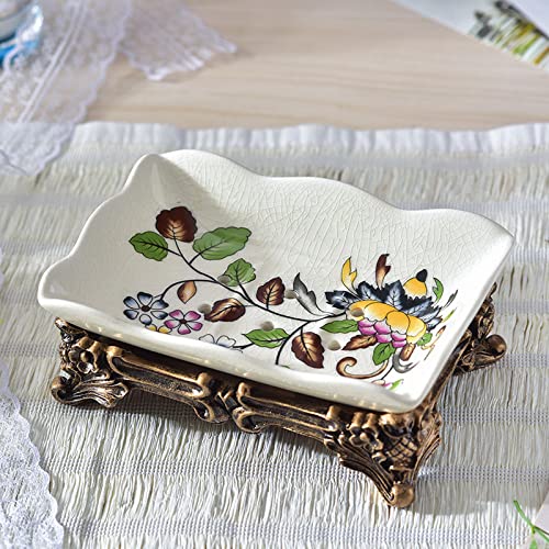 CECE&COLE Vintage Keramik-Seifenschalen, Doppelwandige, Selbstentleerende Seifenschale Mit Handbemalten Blumen, Keramik-Seifenschale Mit Sockel Für Badezimmer, Küche, Gastgeberin, Geschenk, Blume von CECE&COLE