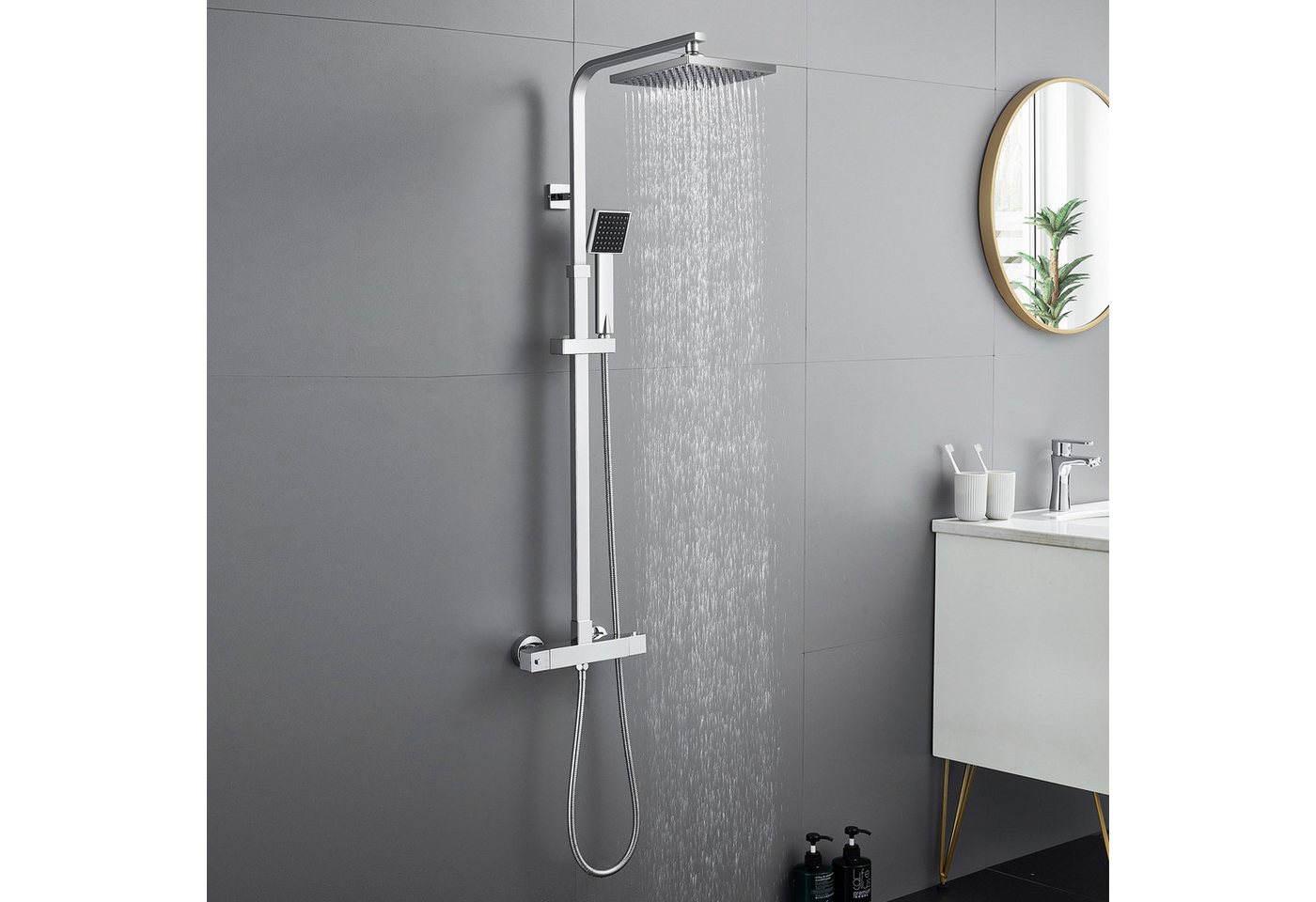 Auralum Max Duschsystem Thermostatische Duschsäule, Duschset, Duschstange aus Edelstahl, Höhe 128.5 cm, 2 Strahlart(en), Mit Handbrause von Auralum Max