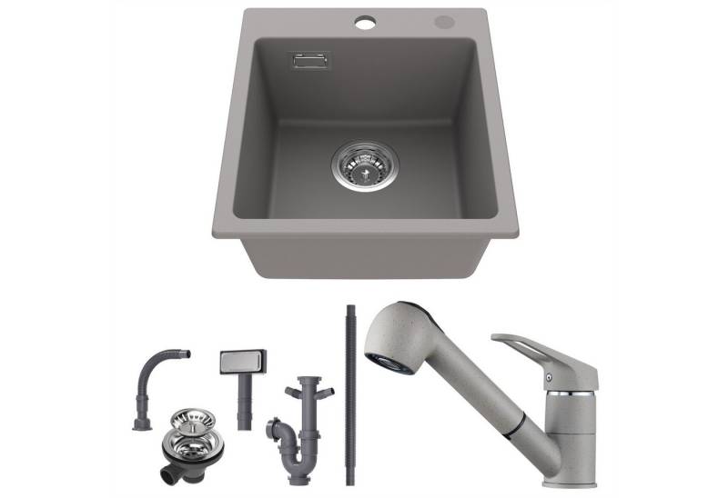 CECIPA MAX Granitspüle 40 x 45 cm Küchenspüle Granit Spülbecken + Ausziehbare Küchenarmatur, Aufsatz Spüle mit 2 Strahlarten Spültischarmatur, für ab 40 cm Unterschrank von CECIPA MAX