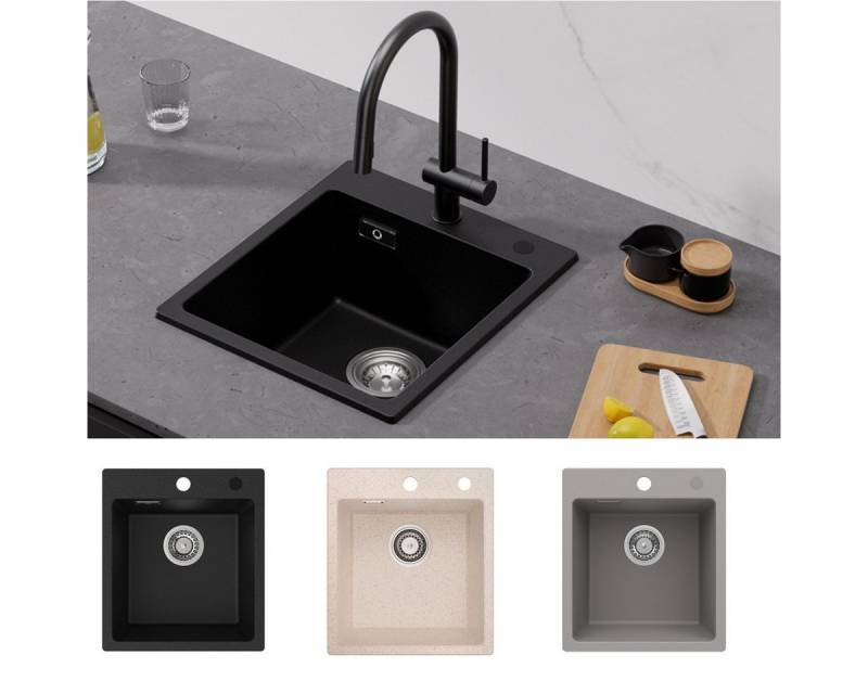 CECIPA MAX Granitspüle 40×45cm Küchenspüle Granit AufsatzSpüle mit 2 Befestigungslöcher, Quadrat, 40/45 cm, spüle küche Spülbecken, 3 Farben von CECIPA MAX