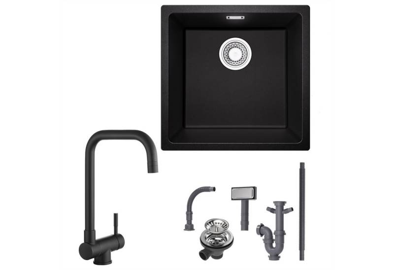 CECIPA MAX Granitspüle 45x44 cm Küchenspüle Granit Unterbauspüle + Umklappbare Küchenarmatur, 45/44 cm, Küche Einbauspüle mit 2 Strahlarten Spültischarmatur(Höhe 355mm), für ab 45 cm Unterschrank von CECIPA MAX