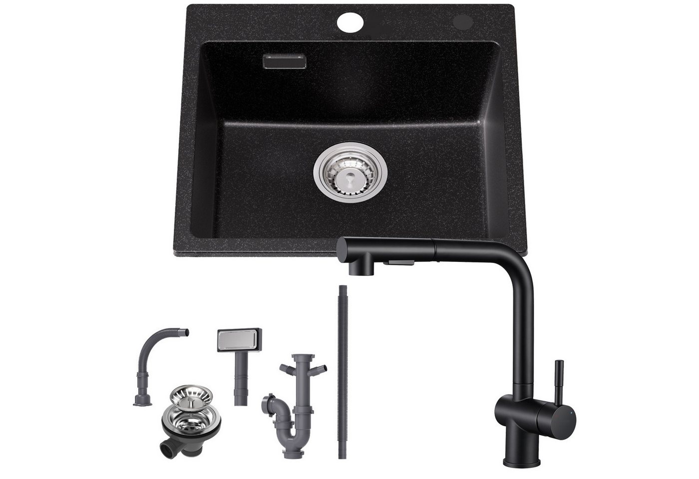 CECIPA MAX Granitspüle 50 x 45 cm Küchenspüle Granit + Ausziehbare Küchenarmatur(Höhe 310mm), Aufsatz Spüle mit 2 Strahlarten Wasserhahn, für ab 50 cm Unterschrank von CECIPA MAX