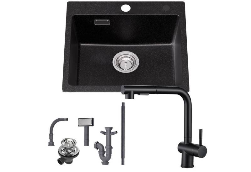 CECIPA MAX Granitspüle 50 x 45 cm Küchenspüle Granit + Ausziehbare Küchenarmatur(Höhe 310mm), Aufsatz Spüle mit 2 Strahlarten Wasserhahn, für ab 50 cm Unterschrank von CECIPA MAX