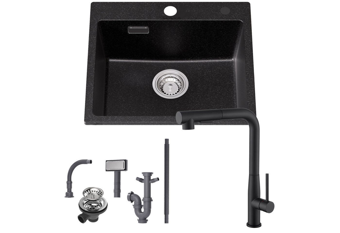 CECIPA MAX Granitspüle 50 x 45 cm Küchenspüle Granit + Ausziehbare Küchenarmatur(Höhe 330mm), Aufsatz Spüle mit 2 Strahlarten Wasserhahn, für ab 50 cm Unterschrank von CECIPA MAX