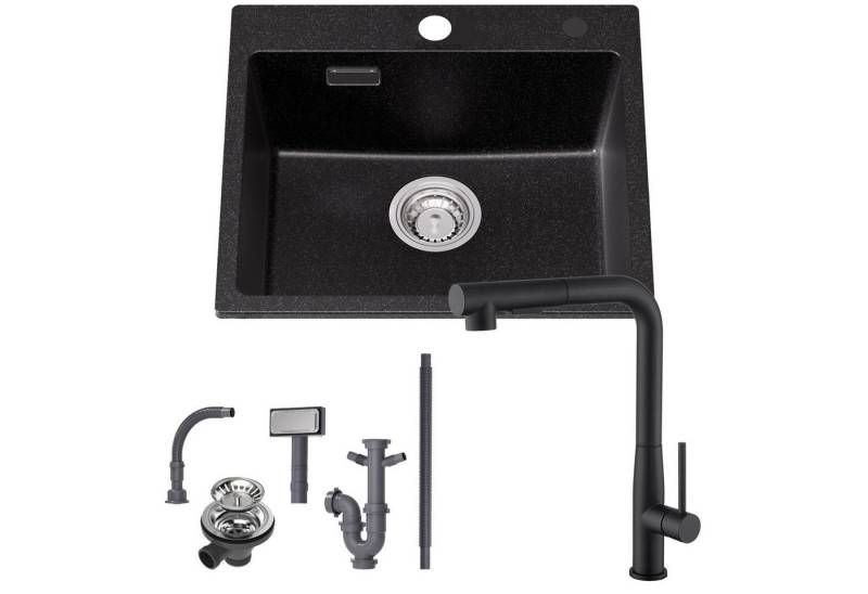 CECIPA MAX Granitspüle 50 x 45 cm Küchenspüle Granit + Ausziehbare Küchenarmatur(Höhe 330mm), Aufsatz Spüle mit 2 Strahlarten Wasserhahn, für ab 50 cm Unterschrank von CECIPA MAX