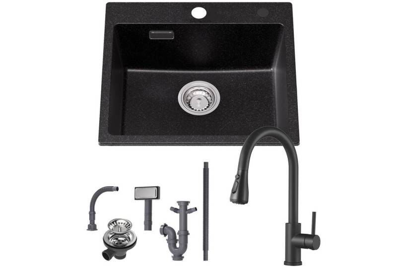CECIPA MAX Granitspüle 50 x 45 cm Küchenspüle Granit + Ausziehbare Küchenarmatur(Höhe 391mm), Aufsatz Spüle mit 2 Strahlarten Wasserhahn, für ab 50 cm Unterschrank von CECIPA MAX