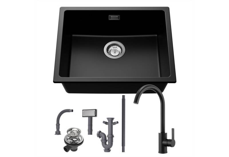 CECIPA MAX Granitspüle 55 x 44 cm Küchenspüle Granit Unterbauspüle + Hochdruck Küchenarmatur, 55/44 cm, Küche Einbauspüle mit Wasserhahn (Höhe 350mm), für ab 60 cm Unterschrank von CECIPA MAX