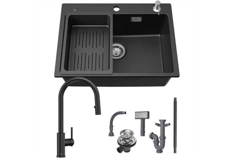 CECIPA MAX Granitspüle 60 × 45 cm Küchenspüle Granit + 2 Strahlarten Küchenarmatur, Ausziehbare Spültischarmatur, Aufsatz Spüle mit Abtropfkorb und Seifenspender, für ab 60 cm Unterschrank von CECIPA MAX