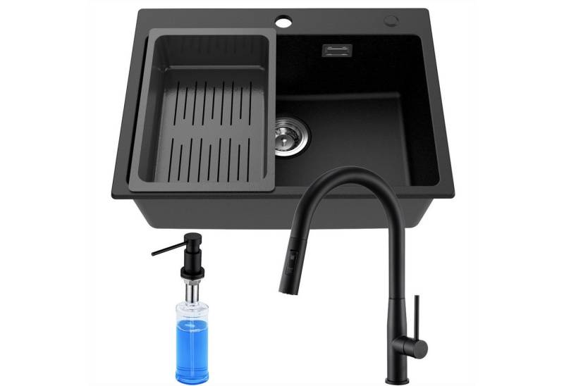 CECIPA MAX Granitspüle 60×45 cm Küchenspüle Granit + Ausziehbare Küchenarmatur(Höhe 380mm), + Seifenspender, 2 Strahlarten Spültischarmatur, Aufsatz Spüle mit Abtropfkorb für ab 60 cm Unterschrank von CECIPA MAX