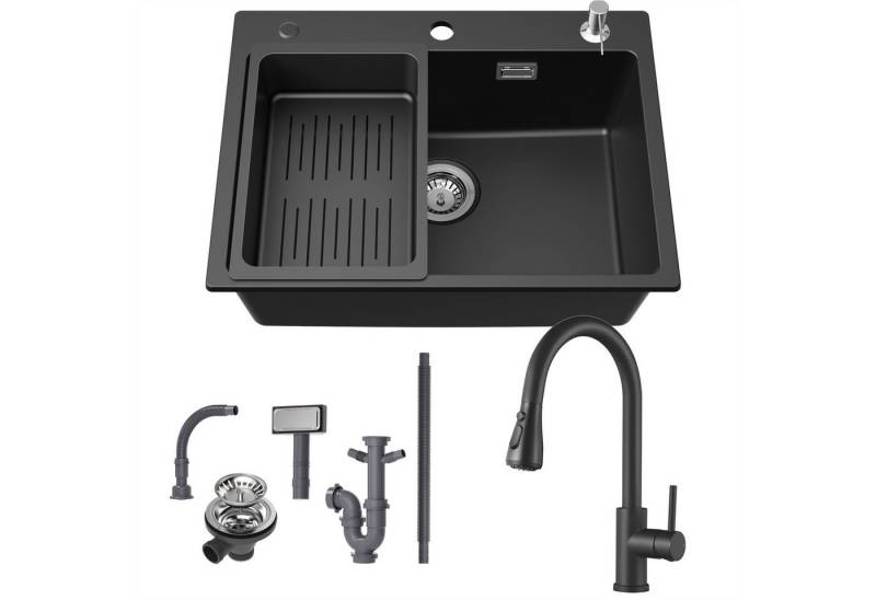 CECIPA MAX Granitspüle 60×45 cm Küchenspüle Granit + Ausziehbare Küchenarmatur(Höhe 391mm), 2 Strahlarten Spültischarmatur, Aufsatz Spüle mit Abtropfkorb und Seifenspender, für ab 60 cm Unterschrank von CECIPA MAX