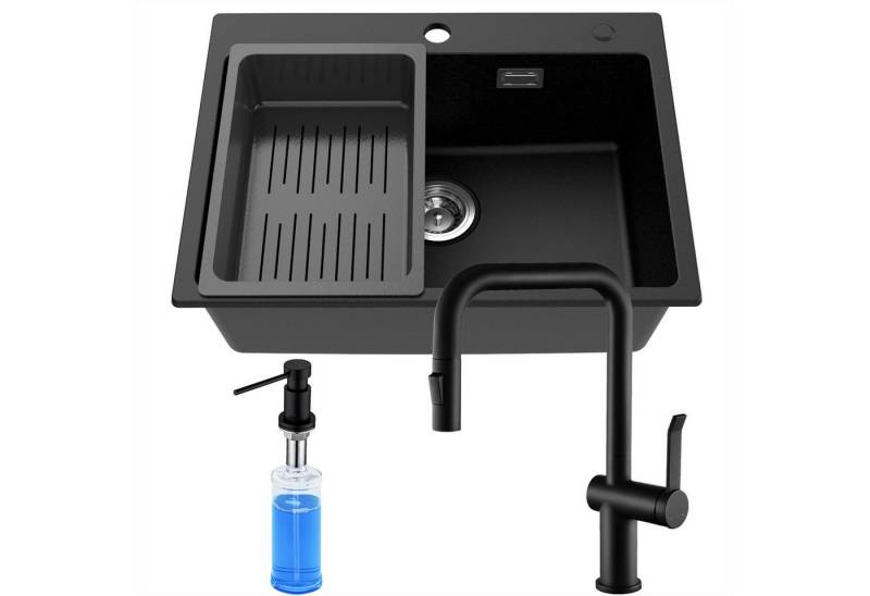 CECIPA MAX Granitspüle 60×45 cm Küchenspüle Granit +Ausziehbarer Küchenwasserhahn(Höhe 360mm), + Seifenspender, 2 Strahlarten Spültischarmatur, Aufsatz Spüle mit Abtropfkorb für ab 60 cm Unterschrank von CECIPA MAX