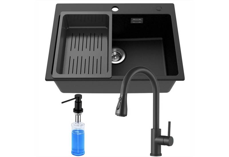 CECIPA MAX Granitspüle 60×45 cm Küchenspüle Granit +Ausziehbarer Küchenwasserhahn(Höhe 391mm), + Seifenspender, 2 Strahlarten Spültischarmatur, Aufsatz Spüle mit Abtropfkorb für ab 60 cm Unterschrank von CECIPA MAX