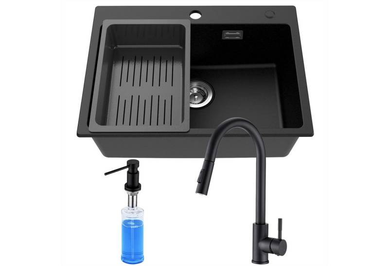 CECIPA MAX Granitspüle 60×45 cm Küchenspüle Granit +Ausziehbarer Küchenwasserhahn(Höhe 410mm), + Seifenspender, 2 Strahlarten Spültischarmatur, Aufsatz Spüle mit Abtropfkorb für ab 60 cm Unterschrank von CECIPA MAX