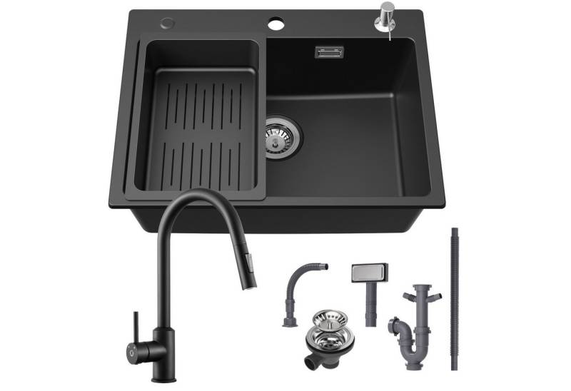 CECIPA MAX Granitspüle 60 × 45 cm Küchenspüle Granit + 2 Strahlarten Küchenwasserhahn, Ausziehbare Spültischarmatur, Aufsatz Spüle mit Abtropfkorb und Seifenspender, für ab 60 cm Unterschrank von CECIPA MAX