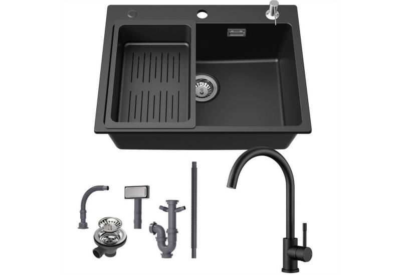 CECIPA MAX Granitspüle 60×45cm Küchenspüle Granit + Hochdruck Küchenarmatur, Aufsatz Spüle mit Abtropfkorb und Seifenspender, für ab 60 cm Unterschrank von CECIPA MAX