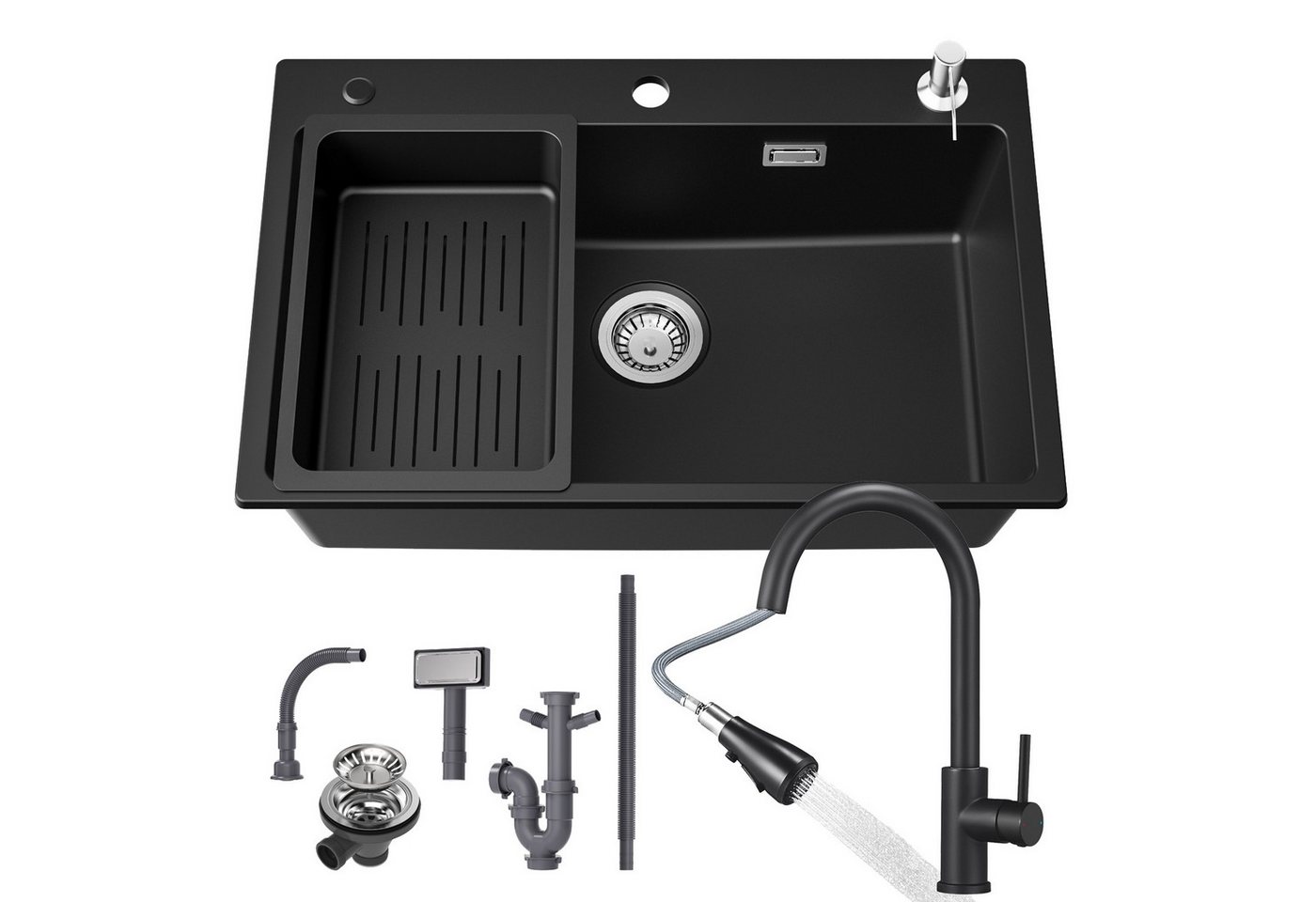 CECIPA MAX Granitspüle Küchenspüle + 2 Strahlarten Küchenarmatur 76x45 cm Spülbecken Spüle, Ausziehbare Spültischarmatur, Aufsatz Spüle mit Abtropfkorb und Seifenspender, für ab 80 cm Unterschrank CECIPA MAX Granitspüle Küchenspüle + 2 Strahlarten Küchenarmatur 76x45 cm Spülbecken Spüle, Ausziehbare Spültischarmatur, Aufsatz Spüle mit Abtropfkorb und Seifenspender, für ab 80 cm Unterschrank von CECIPA MAX