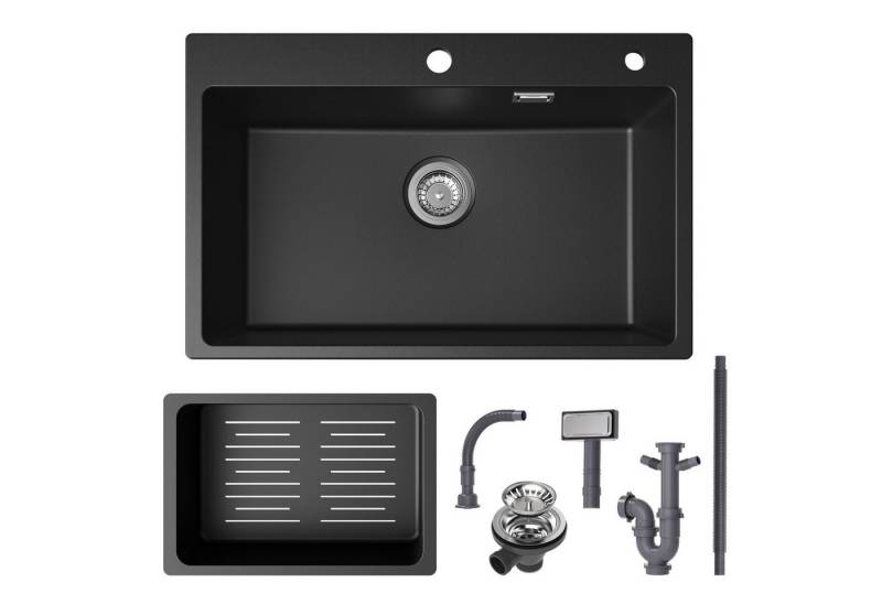 CECIPA MAX Granitspüle Schwarz Küchenspüle 70x45x20 cm Spülbecken Einbauspüle, für ab 80 cm Schrankbreite, mit Abflusskorb und Abtropffläche Set von CECIPA MAX