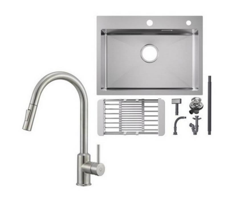 CECIPA MAX Küchenspüle 1.5 Becken 70x44cm EdelstahlSpüle Gebürstete Unterbauspüle, Rechteck, 70/44 cm, Ausziehbarer Küchenarmatur gebürstete, Mit 2 Strahlarten Küche Wasserhahn Hohe 404MM von CECIPA MAX