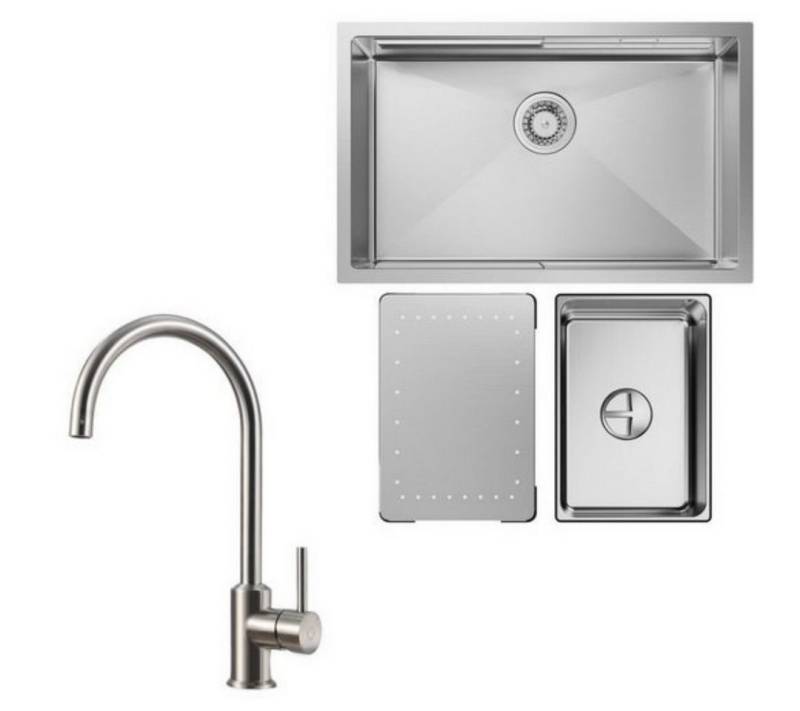 CECIPA MAX Küchenspüle 1,5 Becken 70x44cm EdelstahlSpüle Gebürstete Unterbauspüle, Rechteck, 70/44 cm, Hochdruck-Küchenarmatur, Gebürstete Küche Wasserhahn Hohe 364 mm von CECIPA MAX