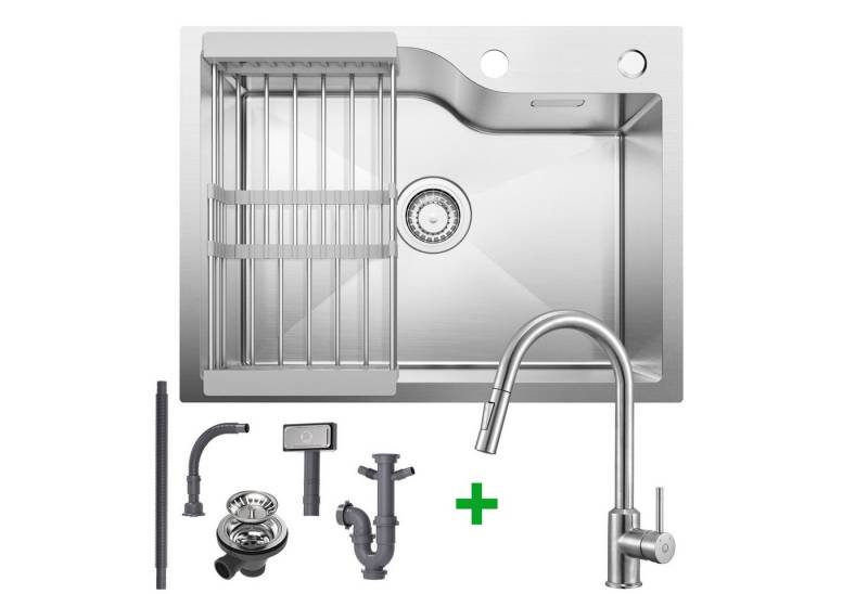 CECIPA MAX Küchenspüle 60/45 cm Einbauspüle Spülbecken mit Ausziehbar Küchenarmatur, 360° Spültischarmatur (2 Strahlarten), Edelstahlspüle mit Ablaufkorb	und Ablaufgarnitur von CECIPA MAX