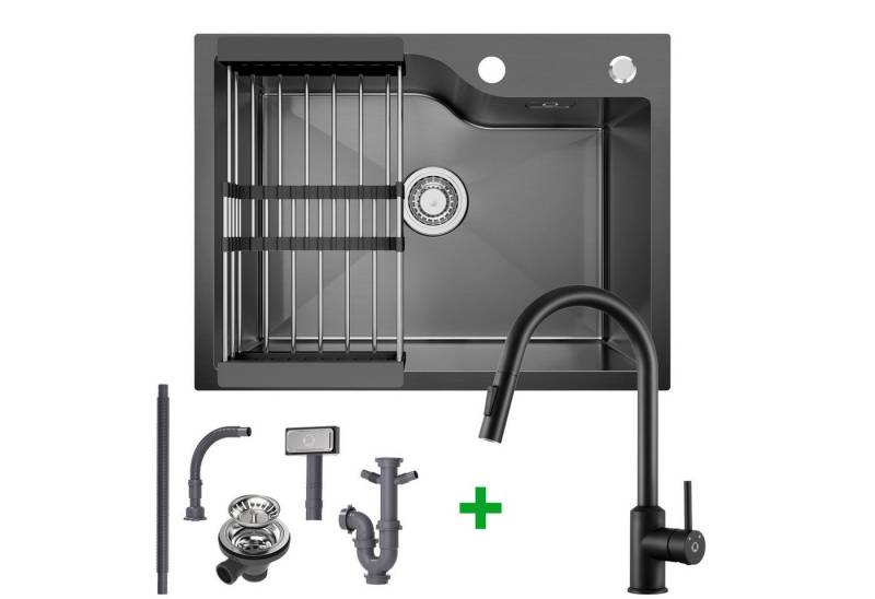CECIPA MAX Küchenspüle 60/45 cm Einbauspüle Spülbecken mit Ausziehbar Küchenarmatur, 360° Spültischarmatur (2 Strahlarten), Edelstahlspüle mit Ablaufkorb	und Ablaufgarnitur von CECIPA MAX