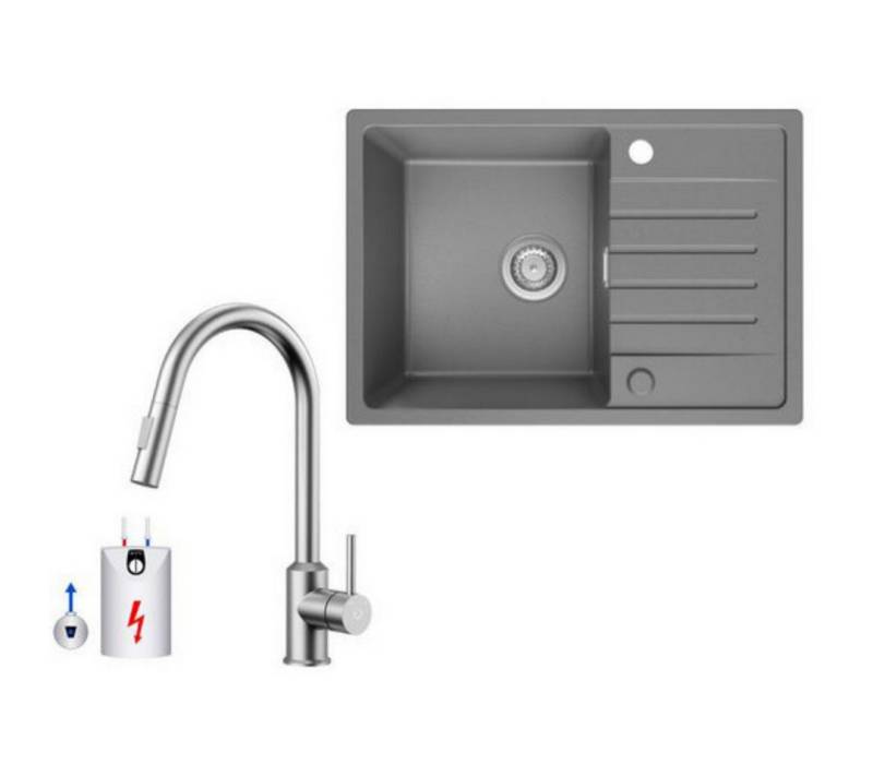 CECIPA MAX Küchenspüle 65x45cm Granitspüle Grau Mit Abtropffläche, Rechteck, 65/45 cm, Ausziehbarer Niederdruck-Küchenarmatur, Gebürstete Küche Wasserhahn Hohe 425MM von CECIPA MAX