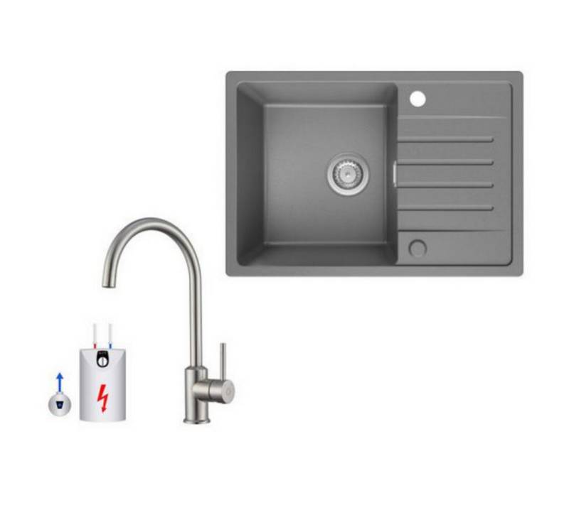 CECIPA MAX Küchenspüle 65x45cm Granitspüle Grau Mit Abtropffläche, Rechteck, 65/45 cm, Niederdruck-Küchenarmatur, Gebürstete Küche Wasserhahn Hohe 430MM von CECIPA MAX