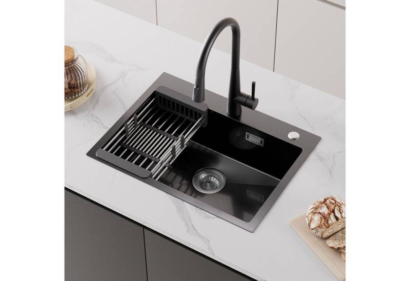 CECIPA MAX Küchenspüle Edelstahl Einbauspüle 60/45 cm Rechteck Spülbecken mit Abtropfkorb, Anti-Kondensbeschichtung, Edelstahlspüle für die Küche, Anthrazit /Gebürstet von CECIPA MAX