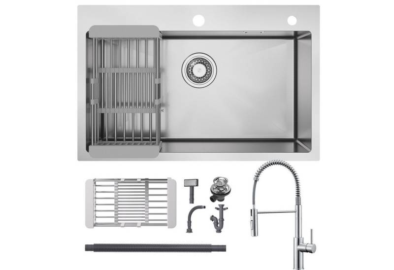 CECIPA MAX Küchenspüle Edelstahl Einbauspüle 70x45cm Spülbecken + Ausziehbar Küchenarmatur, mit Abflusskorb Siphon Edelstahlspüle und 300 ml Seifenspender von CECIPA MAX