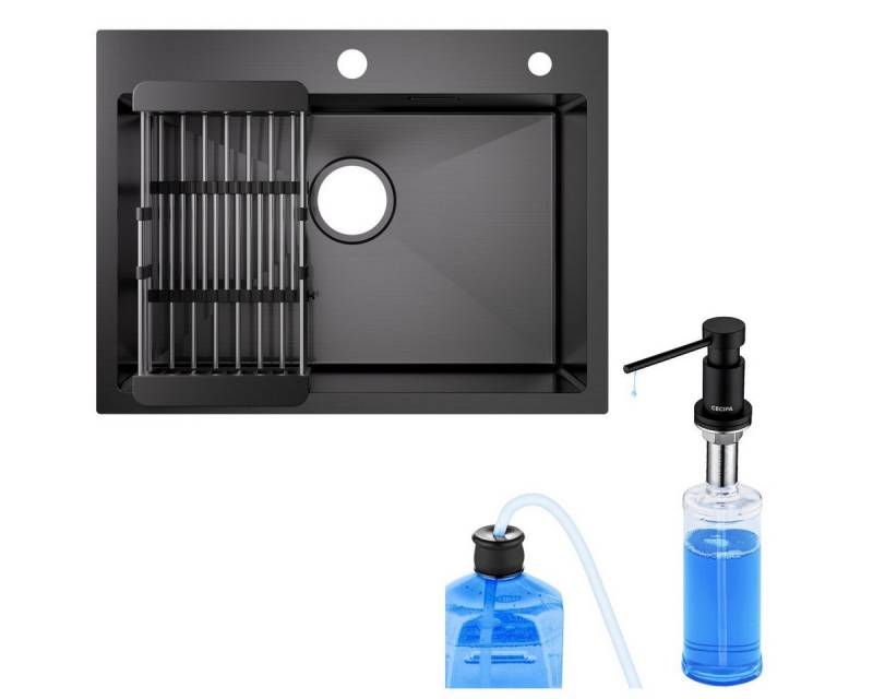 CECIPA MAX Küchenspüle Edelstahl Spüle 60×45cm Aufsatzspüle für die Küche, Rechteck, 60/45 cm, Mit schwarz Seifenspender, Mit Abtropfgestell Spülbecken Anthrazitschwarz von CECIPA MAX