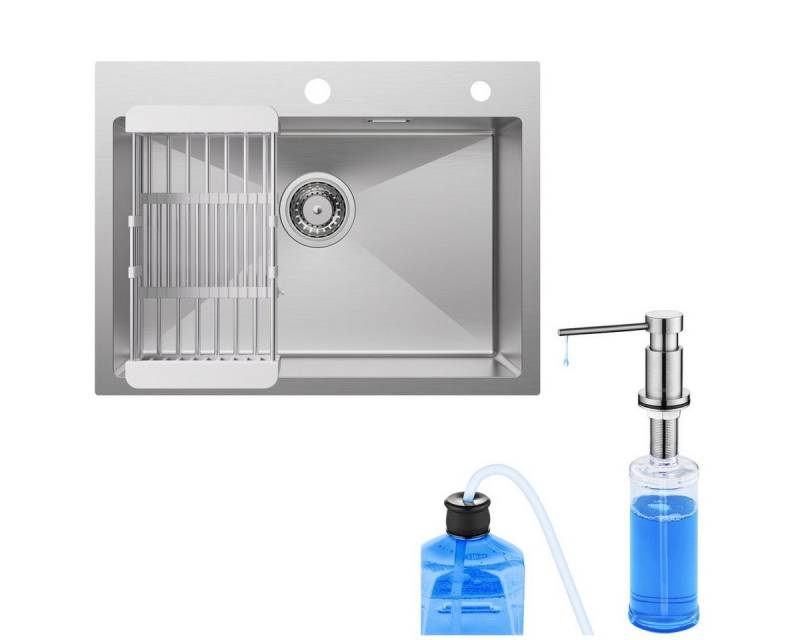 CECIPA MAX Küchenspüle Edelstahl Spüle 60×45cm Aufsatzspüle für die Küche, Rechteck, 60/45 cm, mit gebürste Seifenspender, Mit Abtropfgestell Spülbecken Gebürstete von CECIPA MAX