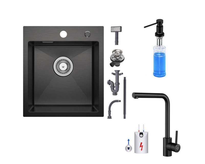 CECIPA MAX Küchenspüle Edelstahlspüle 40×45cm, Niederdruck Küchenarmatur, Spültischarmaturen, 40/45 cm, Anthrazitschwarz, Schwarz, Aufsatzspüle für die Küche, Seifenspender von CECIPA MAX